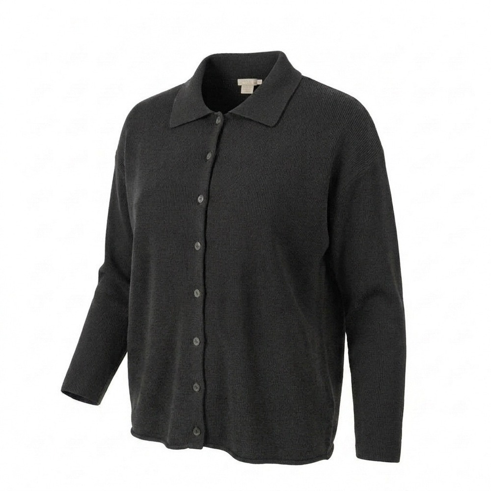 J.Crew Womens PM Black Cotton Polo Collar Cardigan Sweater Preppy Dark Layering